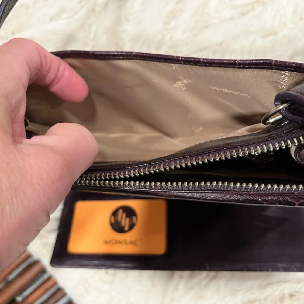 Monsac Deep Purple Croc Embossed Leather Small Crossbody Wallet Bag NWT - Picture 7 of 8